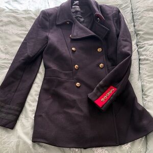 Zara Black Pea Coat with Gold Buttons and Red Accents